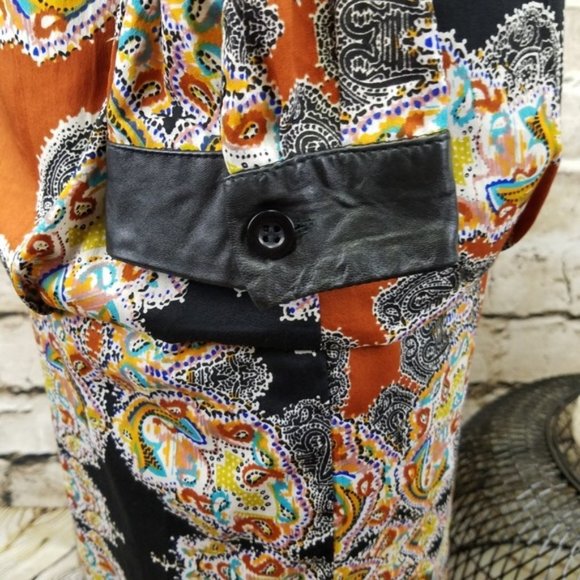 Walter Baker Cassi Paisley Mini Dress Satin Brown Leather Cuff Neutral Work XS - Picture 7 of 8